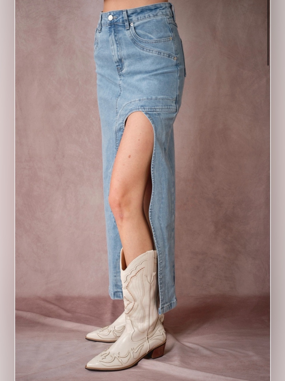 Cowgirl Light Blue Denim Maxi Skirt with Front Slit - Picture 11 of 11